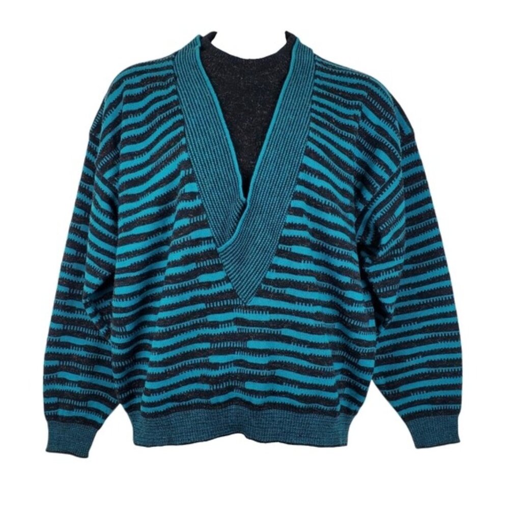 Street Scenes Mens Blue Black Stitched Stripe Knit Pullover Sweater Size XL